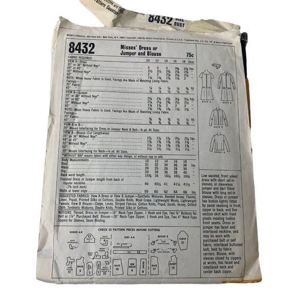 Vintage 60s McCalls 8432 Pattern Misses 10-18 Drop Waist Dress Jumper Blouse Cut - Picture 3 of 4